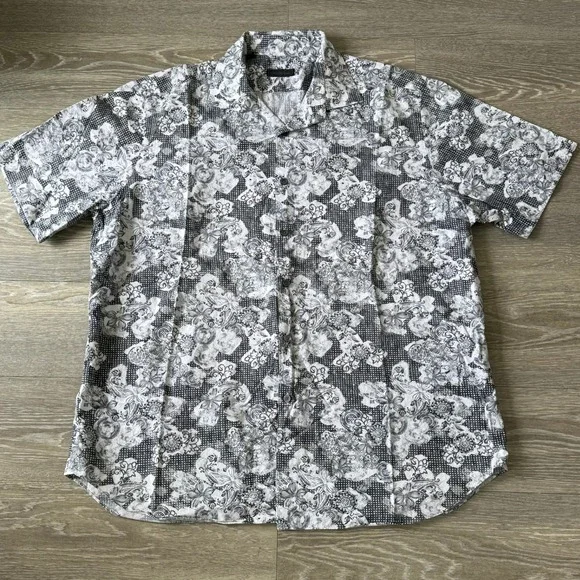 Saks Fifth Avenue Abstract‎ Floral Woven Button Up Shirt Black White 2XL - Picture 2 of 7